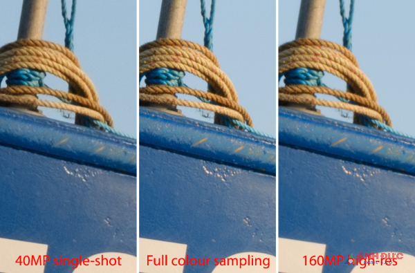So sánh giữa ảnh chụp ở chế độ thường và chế độ chồng ảnh siêu phân giải