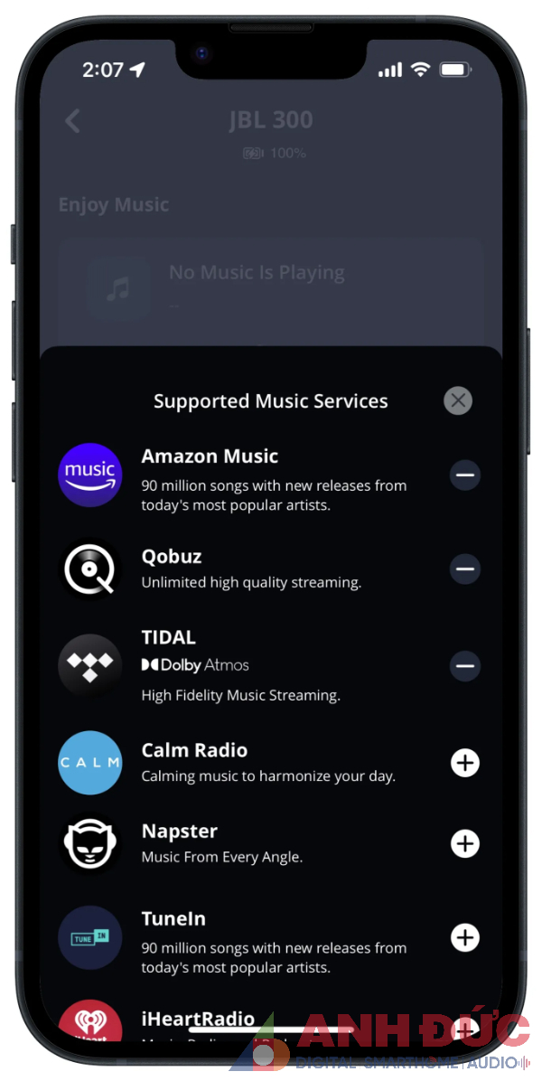 JBL One hỗ trợ các dịch vụ phát trực tuyến bao gồm Amazon Music, Calm Radio, Qobuz, Tidal và một số dịch vụ khác