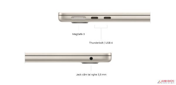 Macbook Air M3 có hai cổng Thunderbolt/USB-C, cổng Magsafe và cổng đầu ra âm thanh