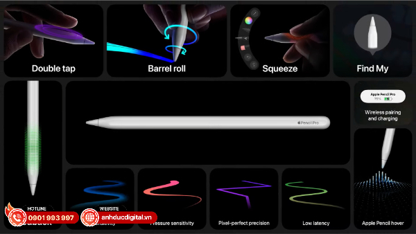 Apple Pencil Pro cho phép thực hiện các động tác như cuộn chiếc bút đề điều khiển cọ vẽ hoặc công cụ chỉnh sửa